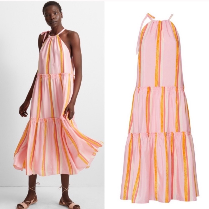 Club Monaco 100% Silk Pink Orange Amirra Tiered Halter High Neck Midi Dress